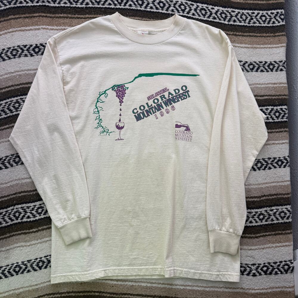 Vintage 1996 Colorado Mountain Winefest Wine Long Sleeve Cream White Shirt Sz XL